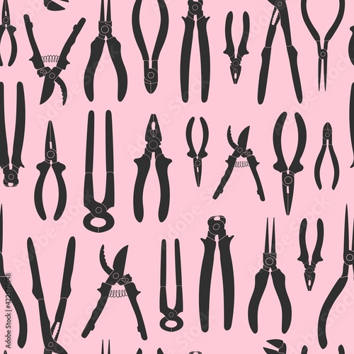 Seamless Tools pattern. Pliers, pump, long-nose, flush cutter, cutting, insulated, electronic. Vector illustration. Equipment shop decoration. Paper, textile design. Gray and pink colors.