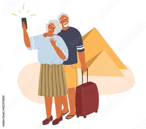 Senior travel activity and summer vacation. Happy elderly couple traveling the world together, flat vector illustration.