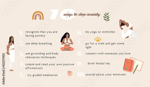 Ways to stop anxiety. Strees, anxiety, fear, depression treatment. Vector