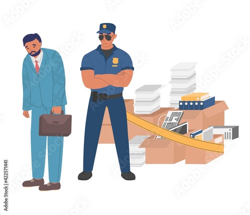 Sad man, dismissed employee leaving office, flat vector illustration. Process of ouster is supervised by security guard.