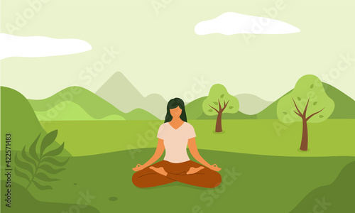 Woman meditation on nature. Yoga relaxation. Vector
