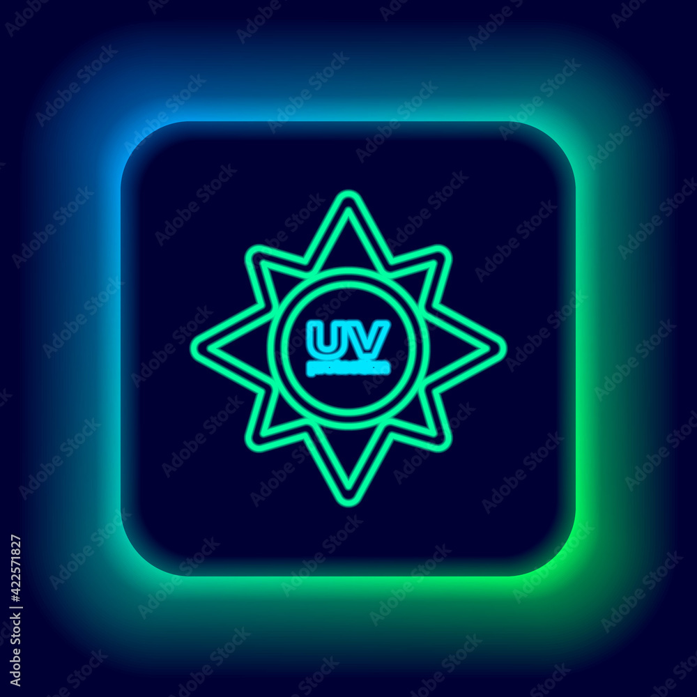 Glowing neon line UV protection icon isolated on black background. Ultra violet rays radiation. SPF sun sign. Colorful outline concept. Vector Glowing neon line UV protection icon isolated on black background. Ultra violet rays radiation. SPF sun sign. Colorful outline concept. Vector