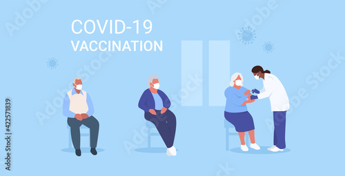 Coronavirus Covid 19 vaccination. Old people. Elderly virus protection. Vector