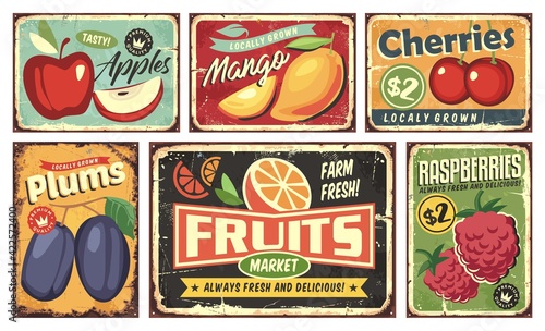 Fruit market vintage signs collection. Apple, mango, cherry, orange, plum and raspberry retro posters set. Fruit plantation and farm vectors and sign labels.