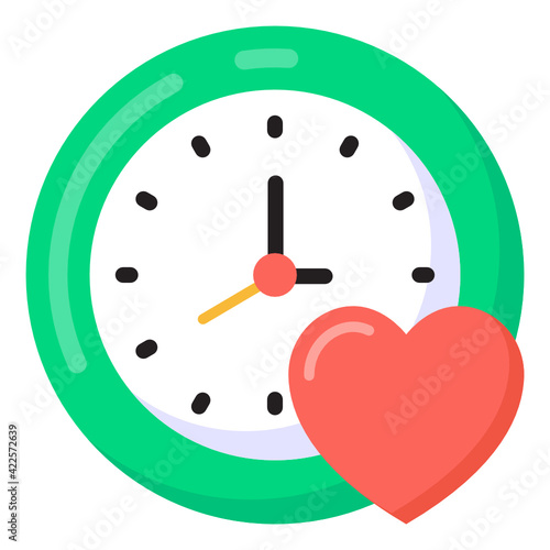 
Heart with clock, love time flat icon 

