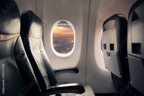 Empty seat on airplane while covid-19 outbreak destroy travel and airline business