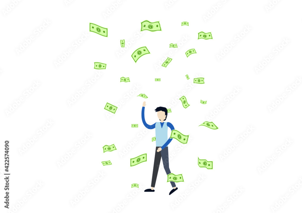 wealth man with flying money dollar paper in flat illustration vector , bussiness earning design concept wealth man with flying money dollar paper in flat illustration vector , bussiness earning design concept