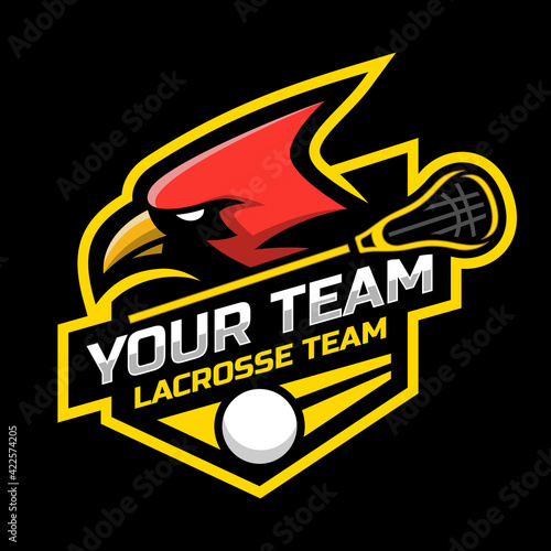 Cardinal mascot for a lacrosse team logo. Vector illustration.