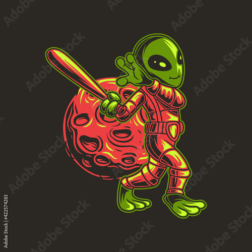 t shirt design playing baseball on the background of the moon aliens illustration