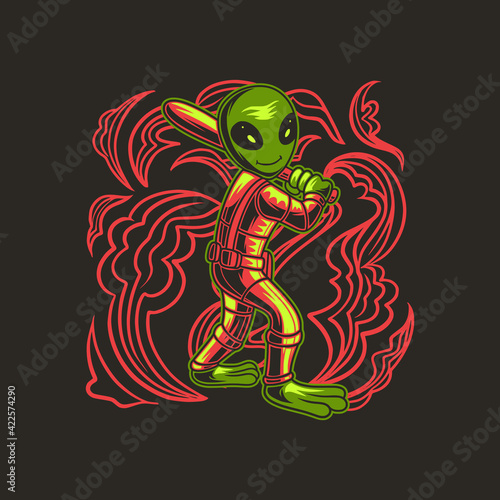 t shirt design playing baseball in ready position aliens illustration