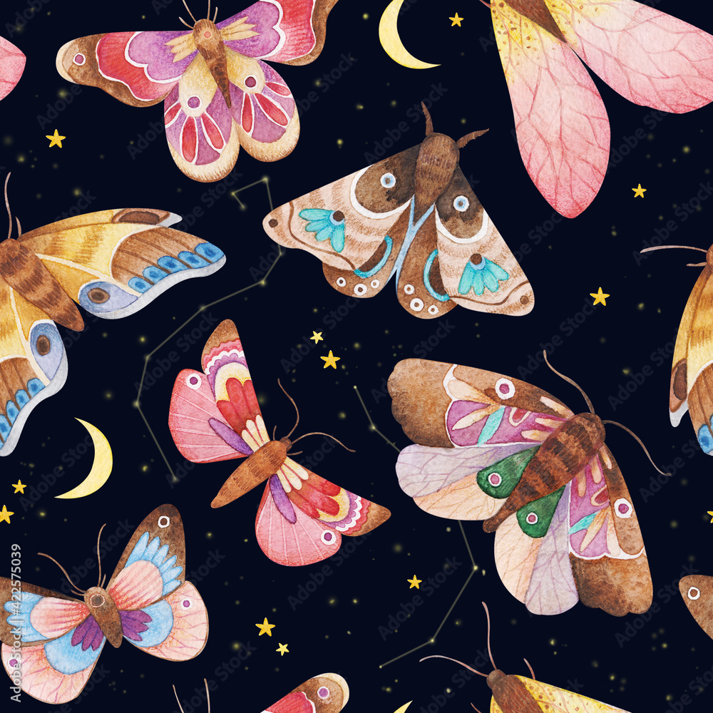 Seamless watercolor pattern with moths in the night starry sky. Night ...
