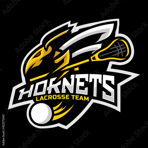 Hornets mascot for a lacrosse team logo. school, college or league. Vector illustration.