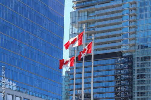 Three Canadian national flags in the city