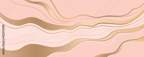 Simple marble texture. Curved shapes with golden line. Pastel marble background.