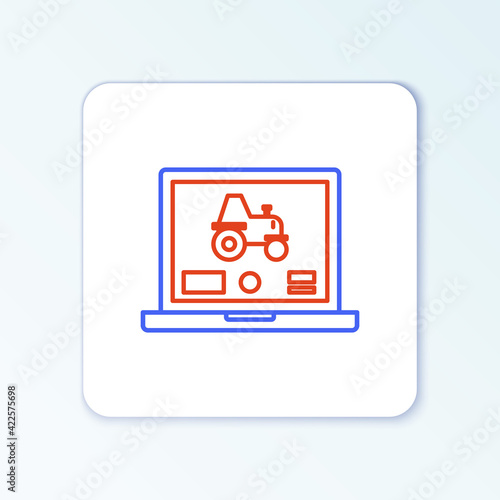 Line Laptop application for control a autonomous tractor on a smart farm icon isolated on white background. Smart agriculture implement. Colorful outline concept. Vector