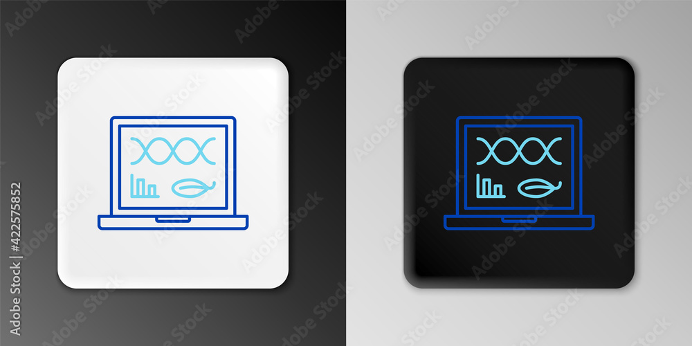 Line Genetic engineering modification on laptop icon isolated on grey background. DNA analysis, genetics testing, cloning. Colorful outline concept. Vector Line Genetic engineering modification on laptop icon isolated on grey background. DNA analysis, genetics testing, cloning. Colorful outline concept. Vector