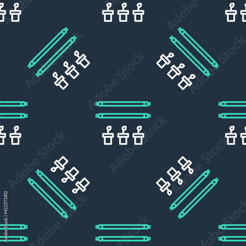 Line Smart farm with light bulb and plant symbol icon isolated seamless pattern on black background. Vector