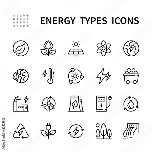 Types of energy vector line icons. Isolated icon collection of energy types for web sites on white background. Energy symbol vector set.