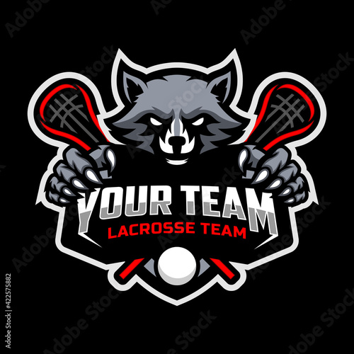 Raccoon mascot for a lacrosse team logo. Vector illustration.