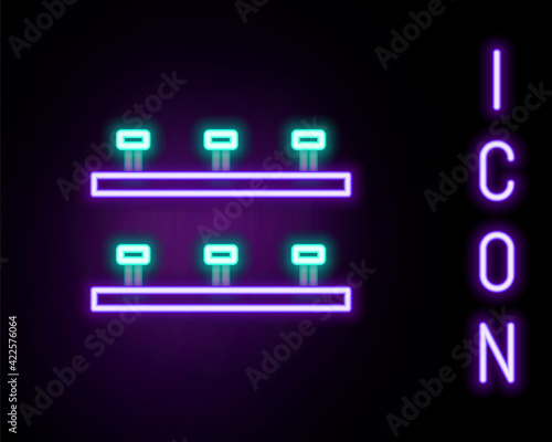Glowing neon line Automatic irrigation sprinklers icon isolated on black background. Watering equipment. Garden element. Spray gun icon. Colorful outline concept. Vector