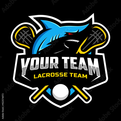 shark mascot for a lacrosse team logo. school, college or league. Vector illustration.