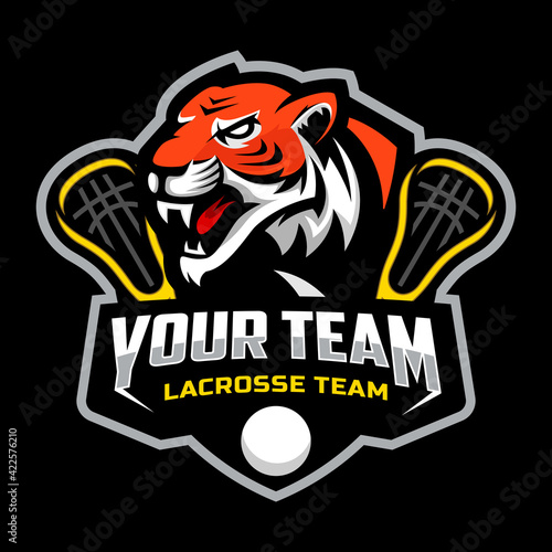 Tiger mascot for a lacrosse team logo. Vector illustration.
