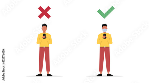A man in a medical mask in his hands with a smartphone. The prohibition to be without a mask. Vector illustration. Flat style