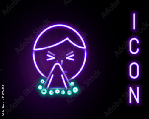 Glowing neon line Man holding handkerchief or napkin to his runny nose icon isolated on black background. Coryza desease symptoms. Colorful outline concept. Vector