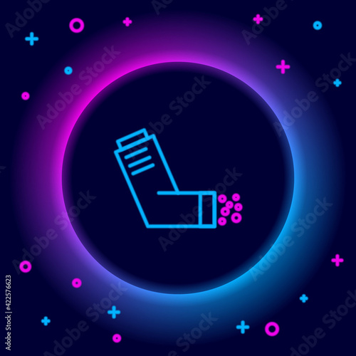 Glowing neon line Inhaler icon isolated on black background. Breather for cough relief, inhalation, allergic patient. Medical allergy asthma inhaler spray. Colorful outline concept. Vector