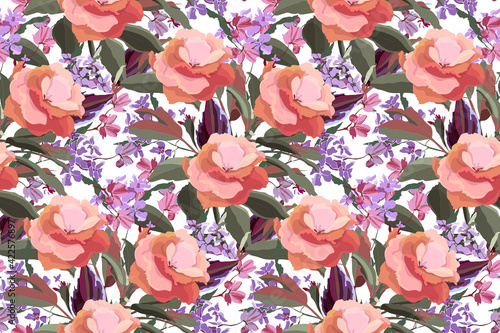 Art floral vector seamless pattern. Spring backdrop. Beautiful flowers, branches with leaves isolated on a white background. For home textiles, fabric, wallpaper, kitchen decor, accessories.