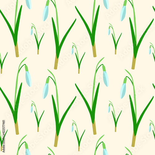 Fototapeta Naklejka Na Ścianę i Meble -  Spring flowers Snowdrops. Seamless vector pattern. Flat style. Illustration for the design of fabric, paper, notebooks