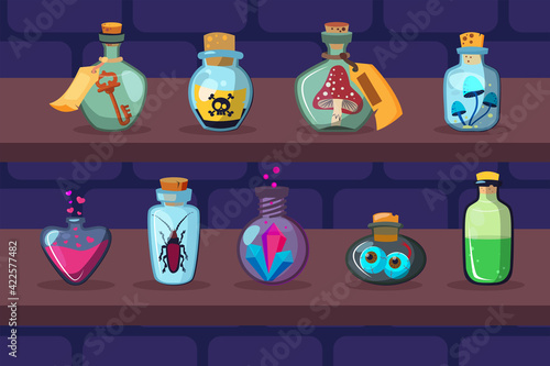 Glass bottles with magic ingredients on shelves. Poison, mushroom, potion flat vector illustration. Witchcraft and alchemy concept for banner, website design or landing web page