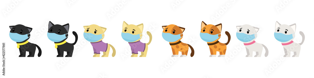 A set of cats in medical masks with a bad and good mood. Protecting health from viruses. Little kittens during the coronavirus. Vector illustration A set of cats in medical masks with a bad and good mood. Protecting health from viruses. Little kittens during the coronavirus. Vector illustration