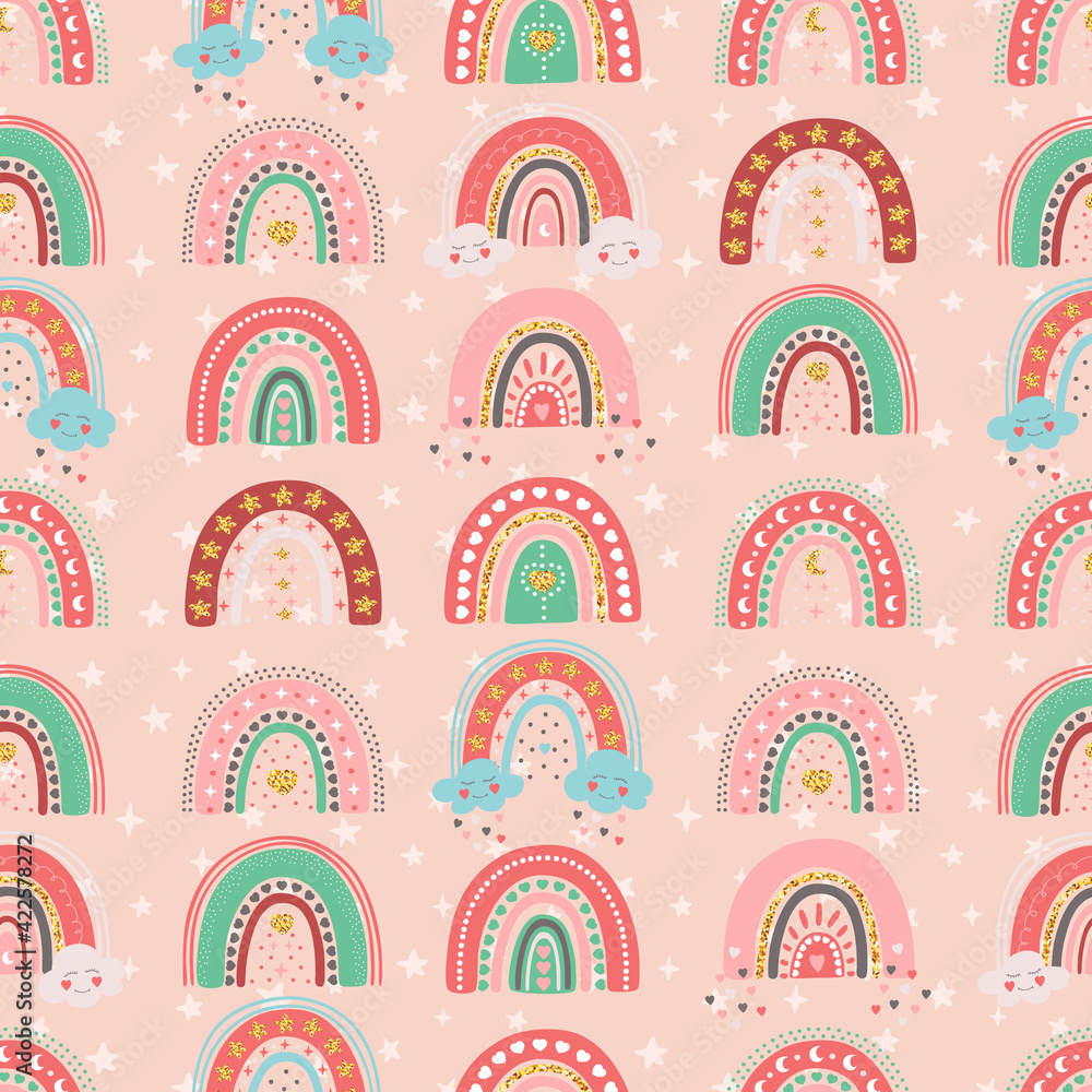 Hand drawn seamless pattern of cute rainbows with star, heart, cloud, moon. Colorful adorable doodle sketch illustration for greeting card, invitation, wallpaper, wrapping paper, fabric, baby room Hand drawn seamless pattern of cute rainbows with star, heart, cloud, moon. Colorful adorable doodle sketch illustration for greeting card, invitation, wallpaper, wrapping paper, fabric, baby room