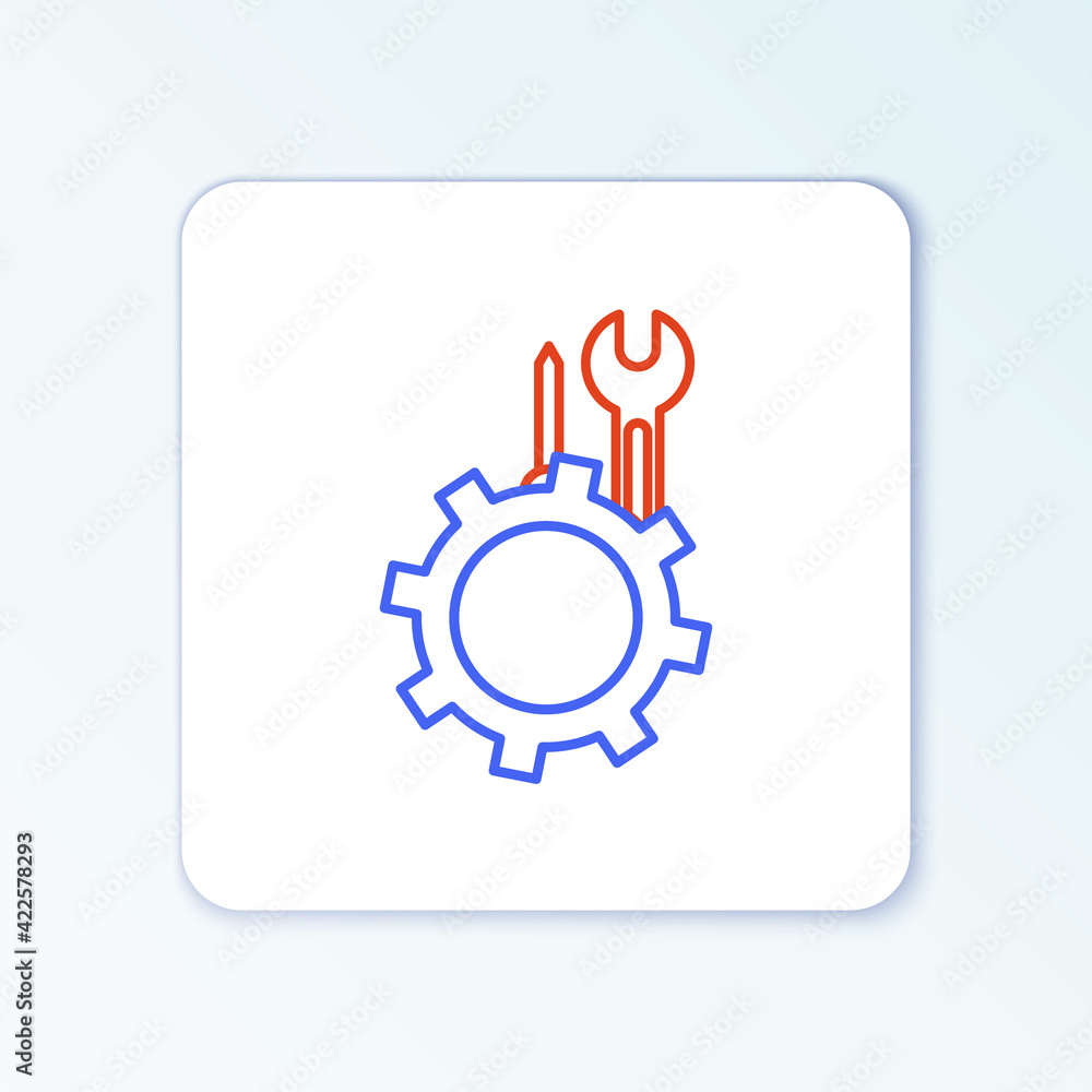 Line Wrench and screwdriver in gear icon isolated on white background. Adjusting, service, setting, maintenance, repair, fixing. Colorful outline concept. Vector Line Wrench and screwdriver in gear icon isolated on white background. Adjusting, service, setting, maintenance, repair, fixing. Colorful outline concept. Vector