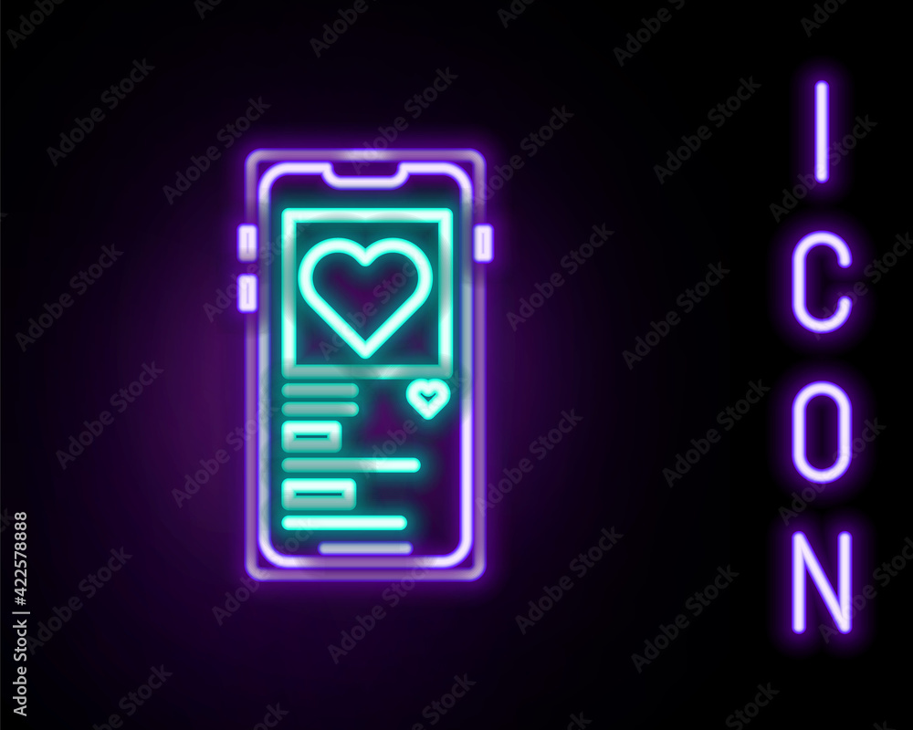 Glowing neon line Mobile phone with heart icon isolated on black background. Valentines day. Colorful outline concept. Vector Glowing neon line Mobile phone with heart icon isolated on black background. Valentines day. Colorful outline concept. Vector