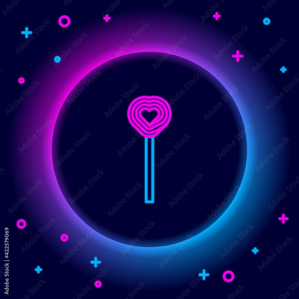 Glowing neon line Lollipop icon isolated on black background. Candy sign. Food, delicious symbol. Valentines day. Love symbol. Colorful outline concept. Vector Glowing neon line Lollipop icon isolated on black background. Candy sign. Food, delicious symbol. Valentines day. Love symbol. Colorful outline concept. Vector