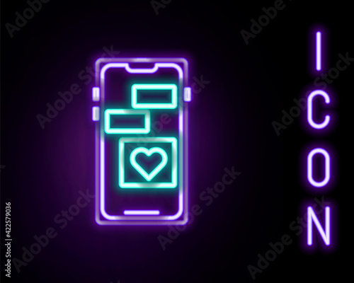 Glowing neon line Mobile phone with heart icon isolated on black background. Valentines day. Colorful outline concept. Vector