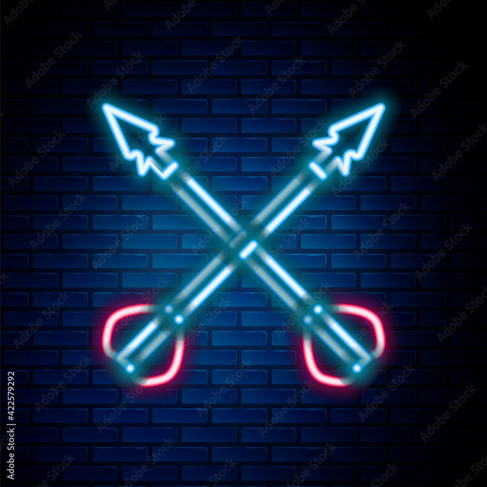 Glowing neon line Medieval crossed arrows icon isolated on brick wall background. Medieval weapon. Colorful outline concept. Vector Glowing neon line Medieval crossed arrows icon isolated on brick wall background. Medieval weapon. Colorful outline concept. Vector