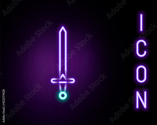 Glowing neon line Medieval sword icon isolated on black background. Medieval weapon. Colorful outline concept. Vector