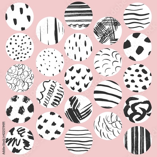 Collection circles with black dots and lines different shapes. Vector illustration. Isolated. Blots, paintbrush, splash, splats, spots, stroke. For creating textures and Instagram icons, social media.