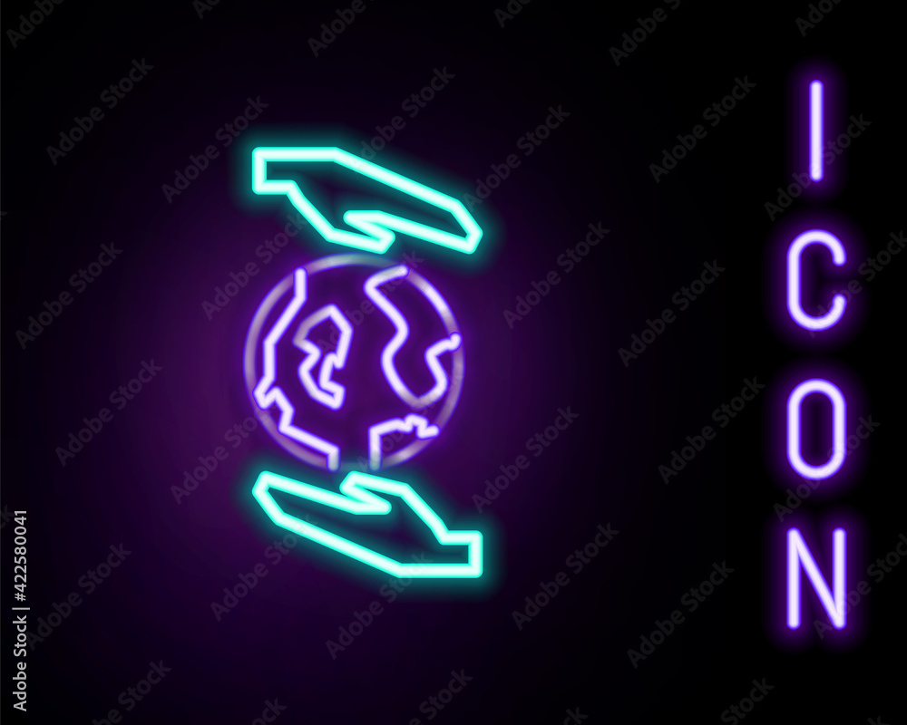 Glowing neon line Human hands holding Earth globe icon isolated on black background. Save earth concept. Colorful outline concept. Vector Glowing neon line Human hands holding Earth globe icon isolated on black background. Save earth concept. Colorful outline concept. Vector