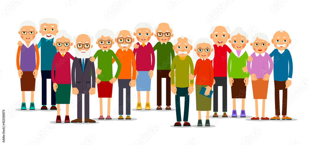 Fototapeta premium Group older people in pairs. Seniors people stand in a row. Elderly man and woman stand together and hug each other. Illustration isolated on white background in flat style