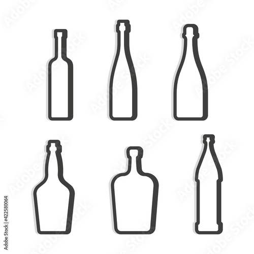 Vodka red wine champagne whiskey liquor beer bottle. Simple linear shape. Isolated object. Symbol in thin lines. Dark outline. Flat illustration on white background