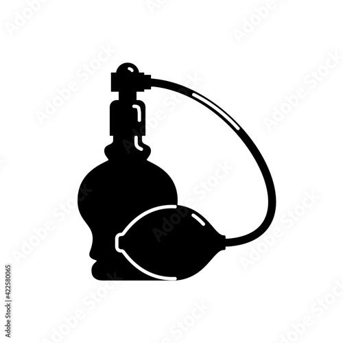 Perfume bottle isolated icon on white background. Illustration design in form of silhouette with thin white lines. Isolated icon in flat style on background. Spray system. Female cosmetic business