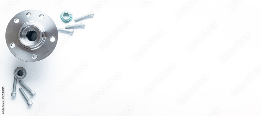 Car engine. Set of new metal car part. Auto motor mechanic spare or automotive piece isolated on white banner background. Automobile engine service with space for text. Car engine. Set of new metal car part. Auto motor mechanic spare or automotive piece isolated on white banner background. Automobile engine service with space for text.