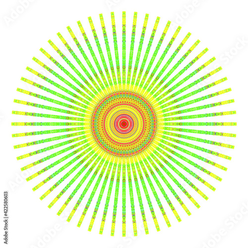 Creative multicolored points round symbol. Abstract symmetrical logo. Mosaic colorful beautiful beads. Circle dots modern pixel floral art icon. Colored pattern ornament wheel decorative illustration.