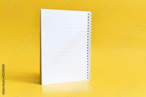 Opened notepad on a white background. The notebook lies on a plain background with space for writing. Composition of writing to-dos for the day.
