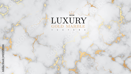 Marble luxury realistic gold background. Stone veneer, marbling texture design for banner, invitation, headers, print ads, packaging design template. Vector illustration. Isolated on white background.