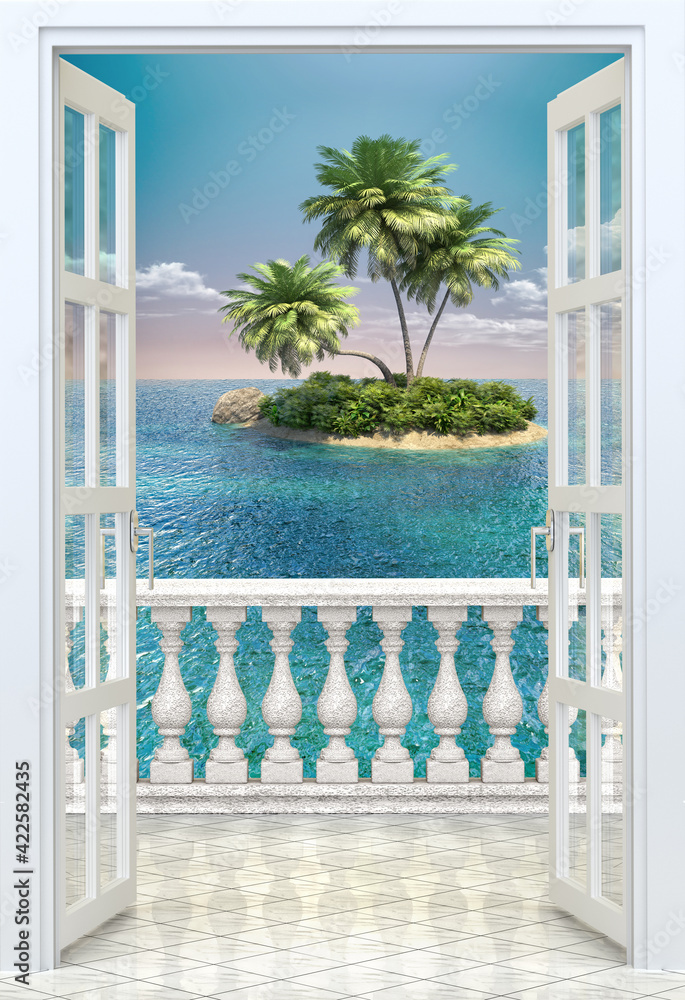 Fototapeta Balcony with concrete balustrade View of an island in the ocean 3d rendering